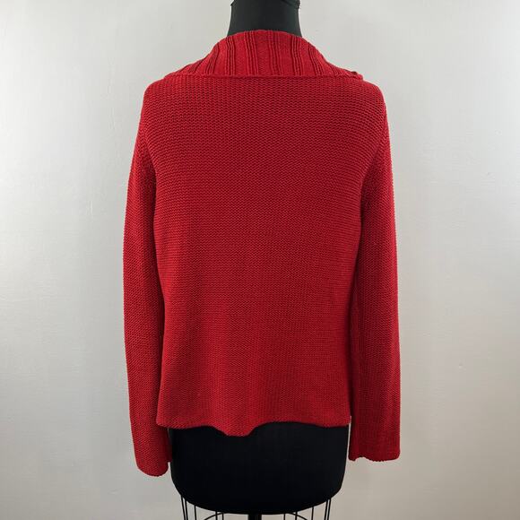 Beyond Threads Red Pima Cotton Chunky Knit Ribbed Foldover Collar Cardigan M - Picture 3 of 7